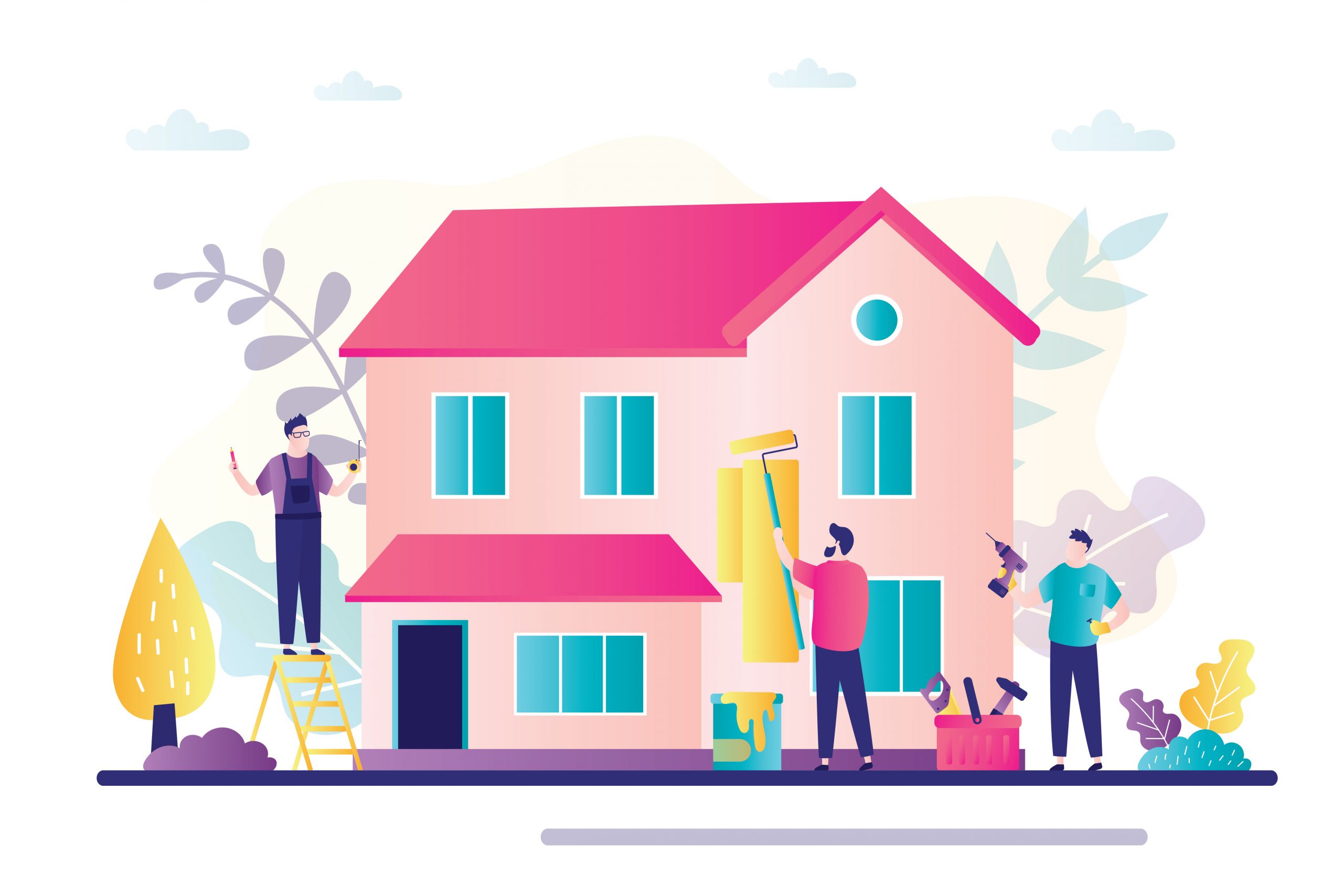 Home renovation banner. Men repairs house. Renovation and reconstruction building. Foreman and workers. Man worker, construction builder character in trendy style. Flat vector illustration