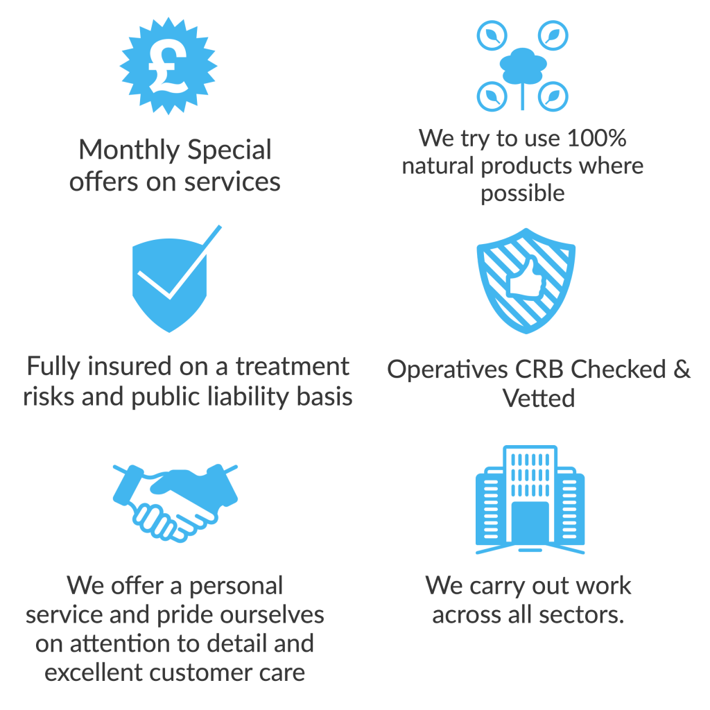 Image box listing key reasons to use Valley Home Services. 1. Monthly Special Offers. 2. Try to use natural products where possible. 3. Fully Insured on a treatment risks and public liability basis 4. Operatives CRB Checked 5. Offer a personal service with attention to detail and excellent customer care. 6. Carry out work across all sectors